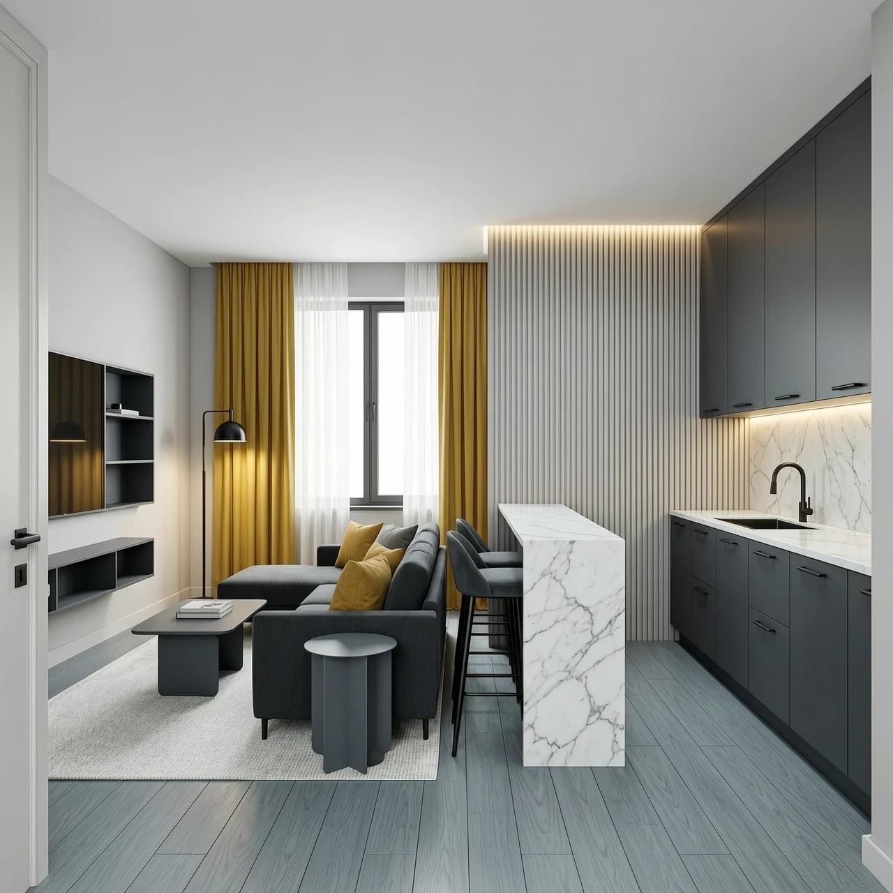 Interior design of a rectangular 18 sqm kitchen-living room, view from the entrance door. Room size 6.03m width x 3.8m depth, ceiling height 2.7m. Upon entering, on the left is a graphite #474A52 fabric sofa against the wall, with a light grey rug, a graphite #474A52 coffee table, and a graphite #474A52 side table. On the far wall is a large window with mustard yellow linen curtains and sheer white curtains filling the space with soft daylight. To the right of the entrance is a compact linear kitchen with matte graphite #474A52 cabinet fronts along the right wall, white marble countertop and backsplash. Between the kitchen and living area stands a white marble bar counter with two graphite #474A52 upholstered bar stools. Vertical decorative slats panels in #B5B8B7 medium light grey on the border between kitchen and living area, with LED strip lighting behind. On the wall opposite the sofa is a graphite #474A52 TV unit and open shelves. Walls #D0D0D0 light silver-grey, floor #9DA1AA medium cold grey oak wood texture, cool grey, matte, minimal grain, white ceiling. Two mustard cushions and two grey cushions on the graphite sofa. Black matte hardware, brass floor lamp, warm 3000K lighting. Photorealistic, architectural visualization, soft daylight, clean minimal styling, no clutter, 8k, ultra detailed --ar 16:9 --style raw