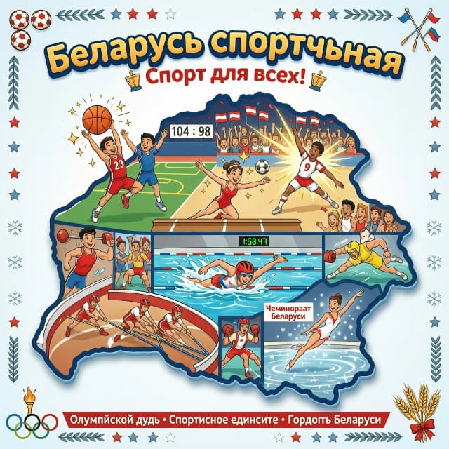 "Беларусь спортивная". Разные виды спорта в контуре Беларуси в стиле дисней