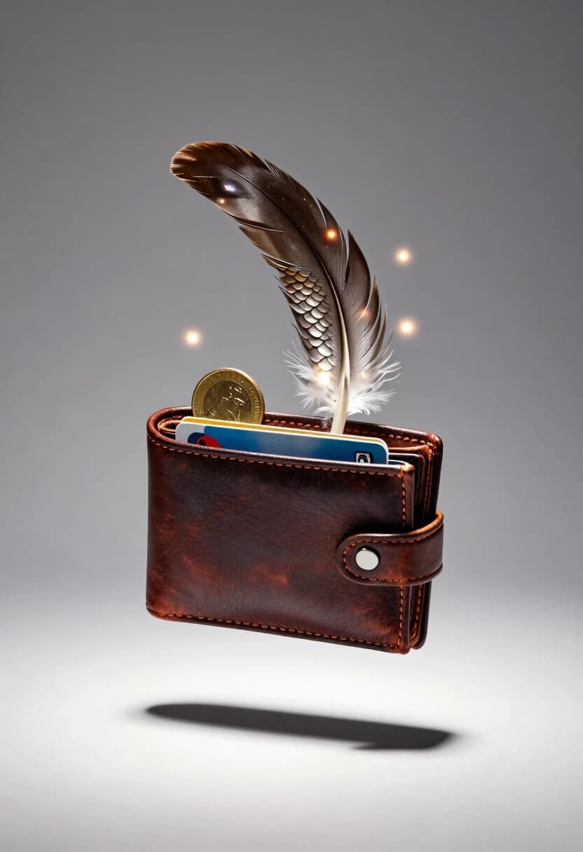 Photorealistic studio shot, 8K, high-end product photography style. A simple, everyday object—a worn leather wallet—is caught in mid-air during a jump or toss. The wallet is slightly open, revealing a glimpse of cards and coins inside. But as it arcs through the air, it begins to transform: the leather texture is shifting into shimmering scales, the edges are becoming feathered, and small glowing motes are swirling around it. The transformation is in its early stage, so the wallet is still recognizable, but the magic is undeniable. The background is a clean, neutral studio backdrop with soft, controlled lighting. A single spotlight creates a dramatic rim light around the wallet, highlighting the transition. There’s a subtle motion blur on the glowing motes to suggest movement, while the wallet itself is sharp to show the texture change. Atmosphere: curious, magical, slightly surreal, but rendered with absolute photorealism—as if this were a real, documented phenomenon. Camera: macro lens, f/5.6, ISO 200, precise focus on the wallet. Style: high-end commercial photography with a magical twist, every detail hyper-realistic.