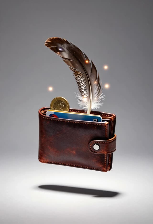 Photorealistic studio shot, 8K, high-end product photography style. A simple, everyday object—a worn leather wallet—is caught in mid-air during a jump or toss. The wallet is slightly open, revealing a glimpse of cards and coins inside. But as it arcs through the air, it begins to transform: the leather texture is shifting into shimmering scales, the edges are becoming feathered, and small glowing motes are swirling around it. The transformation is in its early stage, so the wallet is still recognizable, but the magic is undeniable. The background is a clean, neutral studio backdrop with soft, controlled lighting. A single spotlight creates a dramatic rim light around the wallet, highlighting the transition. There’s a subtle motion blur on the glowing motes to suggest movement, while the wallet itself is sharp to show the texture change. Atmosphere: curious, magical, slightly surreal, but rendered with absolute photorealism—as if this were a real, documented phenomenon. Camera: macro lens, f/5.6, ISO 200, precise focus on the wallet. Style: high-end commercial photography with a magical twist, every detail hyper-realistic.