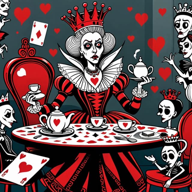 в стиле Тима Бертона A bizarre and funny image (of the Queen of Hearts), who, sitting at a crazy tea table, angrily exclaims: "Off your head!' (Off with their heads!). The reason for her anger may have been a bad croquet game or too much sugar in her tea. (She's sitting at the head of a table strewn with ridiculous teapots and mountains of cakes, her crown slightly askew.) The Queen's face is red with annoyance, with puffed cheeks and wide-open eyes that look more offended than truly angry. (She points her finger with such effort that she looks like she's about to knock over her tea).
(Around her are the Hatter and the March Hare, who comically jump up and down in "fright," but at the same time try to hold on to their cups and cupcakes. Sonya may have poked her head out of the kettle, clearly annoyed by the noise. The card guards nearby may be awkwardly retreating, tripping over table legs or dropping their halberds). The tea table is a mess of flying cupcakes, spilled tea, and tumbling teacups.
The lighting is light and airy, creating a light, almost pastel mood. The overall atmosphere is a light, funny mess, where the Queen's anger is more of a familiar but theatrical act. Detailed watercolor or pastel illustration, playful composition, soft but saturated colors, light strokes, digital painting. Inspired by Quentin Blake's dynamic illustrations and Mary Blair's vibrant style.