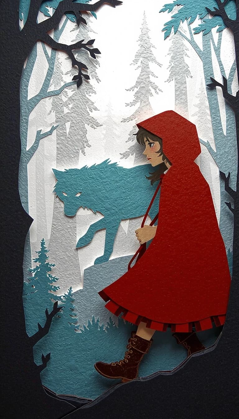 3D multi-layered papercut art of Little Red Riding Hood with a mysterious silhouette of a wolf in the background forest, layered papercraft, vibrant red, bright teal, and shades of gray color palette, highly detailed, sharp edges, distinct paper textures, soft drop shadows between layers, voluminous composition, 3D depth, studio lighting, craft art style, 8k resolution