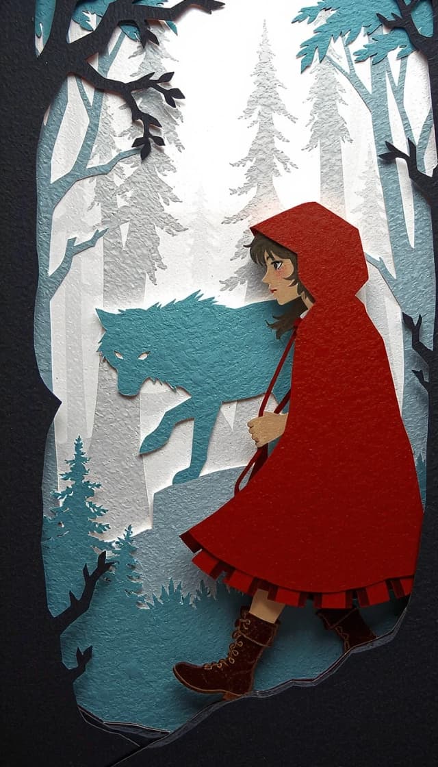 3D multi-layered papercut art of Little Red Riding Hood with a mysterious silhouette of a wolf in the background forest, layered papercraft, vibrant red, bright teal, and shades of gray color palette, highly detailed, sharp edges, distinct paper textures, soft drop shadows between layers, voluminous composition, 3D depth, studio lighting, craft art style, 8k resolution