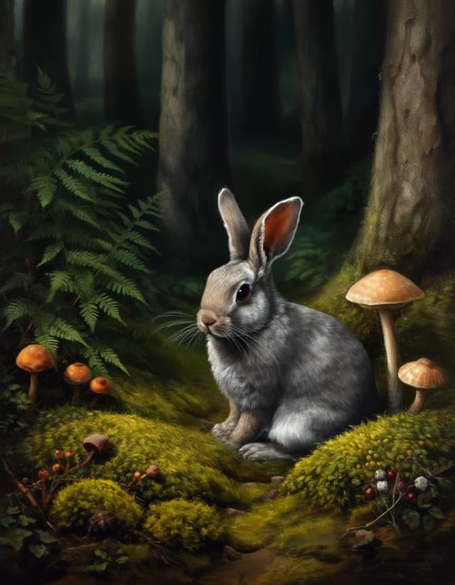 A masterpiece. Creating an image. Style - oil painting. ((A secluded forest glade among ferns, mushrooms and moss, with a gray bunny sitting in the foreground:1.6)). High resolution. High detail and clear texture. Close-up. High quality. Increased attention to small details. The aspect ratio is 3:4. Artists - Levitan, Shishkin.