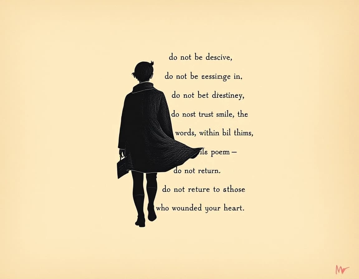 Do not believe, do not be deceived, do not let them in. Do not call strangers your destiny. Do not trust smiles, oaths, or words; within them, bile flows like a putrid poison. Do not mistake me for a poem—do not ask. Do not return to those who wounded your heart.