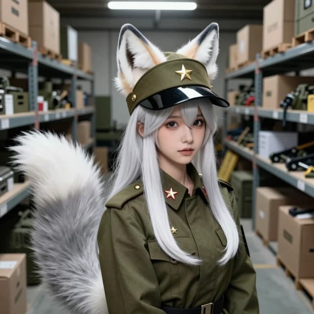 (A wide angle medium shot:1.2) of a beautiful Kumiho girl wearing a ((large oversized military visor hat with a wide flat circular top and a black glossy brim visor, a small gold star pin in the front:1.4)). She has long white hair and matching monochrome white and silver fox ears. Behind her is one single large fluffy white and platinum-grey fox tail. She is wearing an olive-drab Soviet uniform jacket, two small stars on shoulder boards. Background is a highly detailed, cluttered military supply warehouse filled with rows of wooden crates, metal shelves, cardboard boxes, and tools, sharp focus on environment.