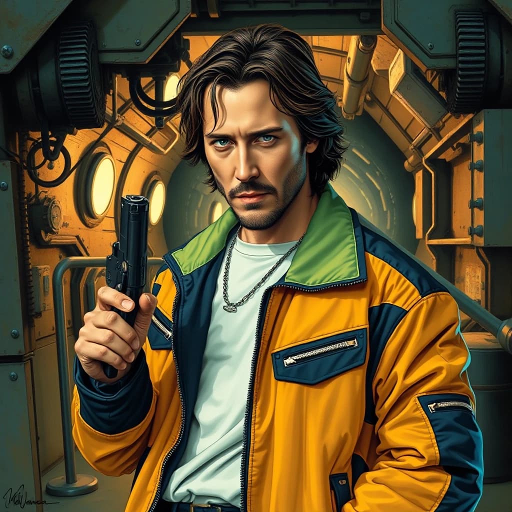 A 1980s-style masterpiece, featuring bold lines, dynamic brushstrokes, and rich textures, set against a nostalgic background, perhaps with subtle pulp-inspired patterns and vintage, worn textures reminiscent of paper, oil paintings. The hyperrealistic artwork features Keanu Reeves, держащего  золотую монету! with a handsome gaze and a vibrant tech-daring jacket with vibrant blue and black accents. He holds a pistol in his right hand, standing against the backdrop of a gloomy underground passage. The background is filled with strange shadows and machinery. The lighting is evening, and the eerie blue glow from the technical components illuminates his expression, confident and expectant. The composition evokes a film.
The aesthetic is inspired by cinema.