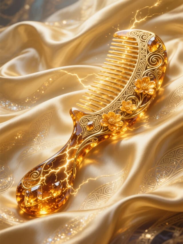 Amber comb. Magical, enchanted artifact, fantasy artifact. Magical item from a fairy tale. Magician's artifact, magic and witchcraft style, ancient magic relic. Powerful artifact, fantasy accessory. Made of amber, decorated with amber crystals, amber flowers. Elegance. Graceful curves in the style of Antonio Gaudí, Mies van der Rohe, Oscar Niemeyer. With elements of the Scythian style and the style of Etruscan products. Many small gold veins. It lies on a background of light golden satin with thin patterns. The satin curves in a fold, and the patterns on the fabric shine. The amber comb also shines and glitters. It is dynamic and expressive. The patterns are thin. It is stylized. It is of high quality.