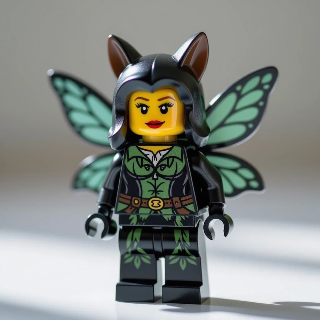 Премиум-класса оригинальная минифигурка персонаж LEGO, созданный 
Фигурка имеет классическое блочное тело в стиле LEGO и цилиндрическую голову, но имеет весьма характерные наряды, аксессуары и темы. Только оригинальная, ни где не опубликованная минифигурка в виде необычных сказочных животных под LEGO .
Фигурка изготовлена ​​из глянцевого пластика с реалистичной текстурой игрушки, царапинами и едва заметными дефектами. Персонаж расположен в динамичной композиции, как в витрине элитного товара.
Освещение кинематографическое, с мягкими тенями и бликами, создающими глубину и драматизм.
Снято в стиле макросъемки с малой глубиной резкости.
Фон минималистичный, но слегка атмосферный (мягкий градиент или едва заметный намек на окружающую обстановку). Сверхдетализированная фотография коллекционной игрушки с высоким разрешением, выполненная в стиле премиального брендинга.