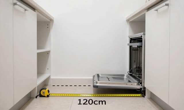 photo of a narrow kitchen corridor, two tall pantry cabinets 60cm deep on both sides, a tape measure stretched across the floor showing 120cm distance between cabinets, an open dishwasher door symbol (without dishwasher) drawn as dashed line on floor to illustrate blocked passage, no people, no hands, no english text or labels, clean empty space, 8k --ar 16:9 --style raw