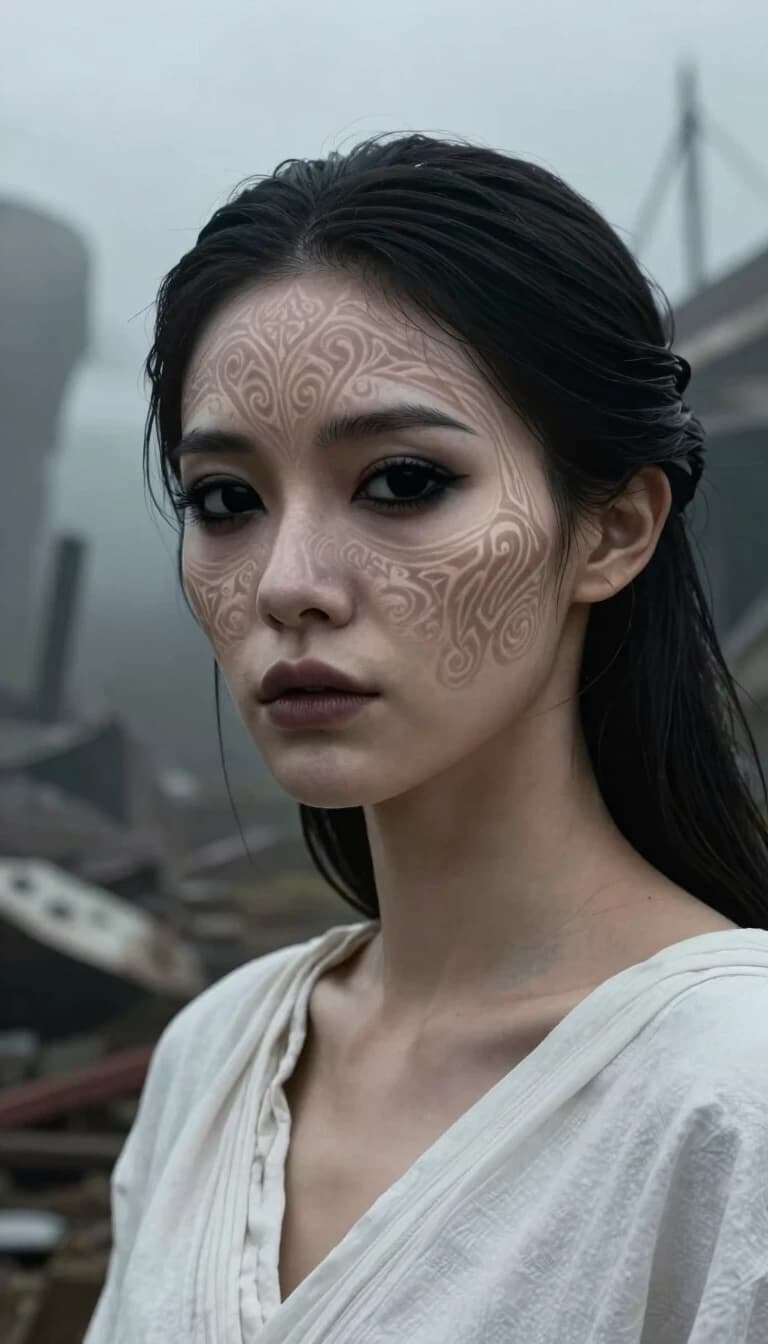 a realistic close-up 3/4 shot of an woman with full-black solid eyes, dressed with a white tunic, he's looking at the camera, detailed skin with monochrom ,beautiful symmetric pattern on face, in a dystopian world, cloudy and foggy weather, post-apocalyptic, canon 5d, 50 mm