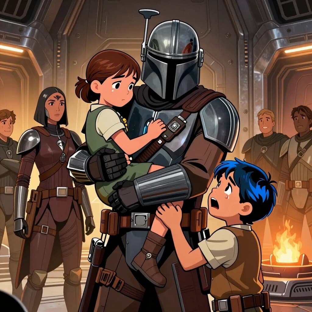 A deeply emotional graphic novel art from Star Wars rebels. Inside the grand metallic hall of Clan Wren fortress. A tall, strong Mandalorian father with grey-streaked hair (Alrich Wren) is gently carrying his teenage daughter (Sabine Wren) in his arms like a treasure, handing her over to a young boy with blue-black hair (Ezra Bridger). Ezra is looking up with wide, shocked, and tearfully happy eyes, ready to receive her. In the background, the fierce mother (Ursa Wren) stands next to her husband, nodding with approval, while a group of rebel friends watch with emotional smiles. Soft warm hearth lighting, high contrast, dramatic storytelling layout, clean detailed linework, Star Wars universe.