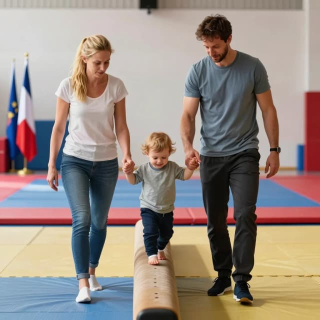 Realistic photo in a bright sports hall: a Caucasian mom and dad (both with blond hair) are holding hands with a light-brown-haired toddler who walks along a narrow soft balance beam. In the background, martial arts mats and a flag stand are visible. The child is wearing comfortable clothes and smiling. Warm natural light. Realistic style, high quality, 4K.