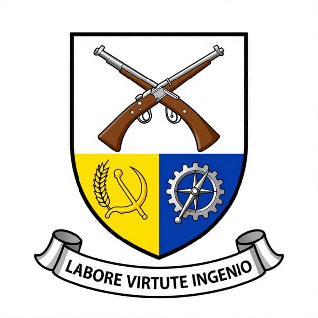 Heraldic coat of arms, family shield with a pall division into three sections (Y-shape partition). Section 1 (top): 19th-century infantry uniform elements and crossed muskets. Section 2 (bottom left): golden wheat sheaf and sickle. Section 3 (bottom right): silver gear and compass. Below the shield, a scroll banner. Inside the banner, clear readable text in Latin alphabet, translated from the motto "By labor, courage, and intellect": "LABORE VIRTUTE INGENIO". Heraldry style, clean vector design, flat colors, no crown, no background, isolated on white background.