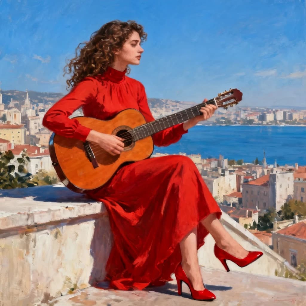 The image is a painting of a young woman sitting on a ledge with a guitar in her hands. She is wearing a long red dress with a high neckline and long sleeves. Her hair is styled in loose curls and she is wearing red high heels. The background shows a beautiful view of a cityscape with buildings and a body of water. The sky is blue and the overall mood of the image is peaceful and serene. The painting is done in a realistic style with vibrant colors and intricate details.
