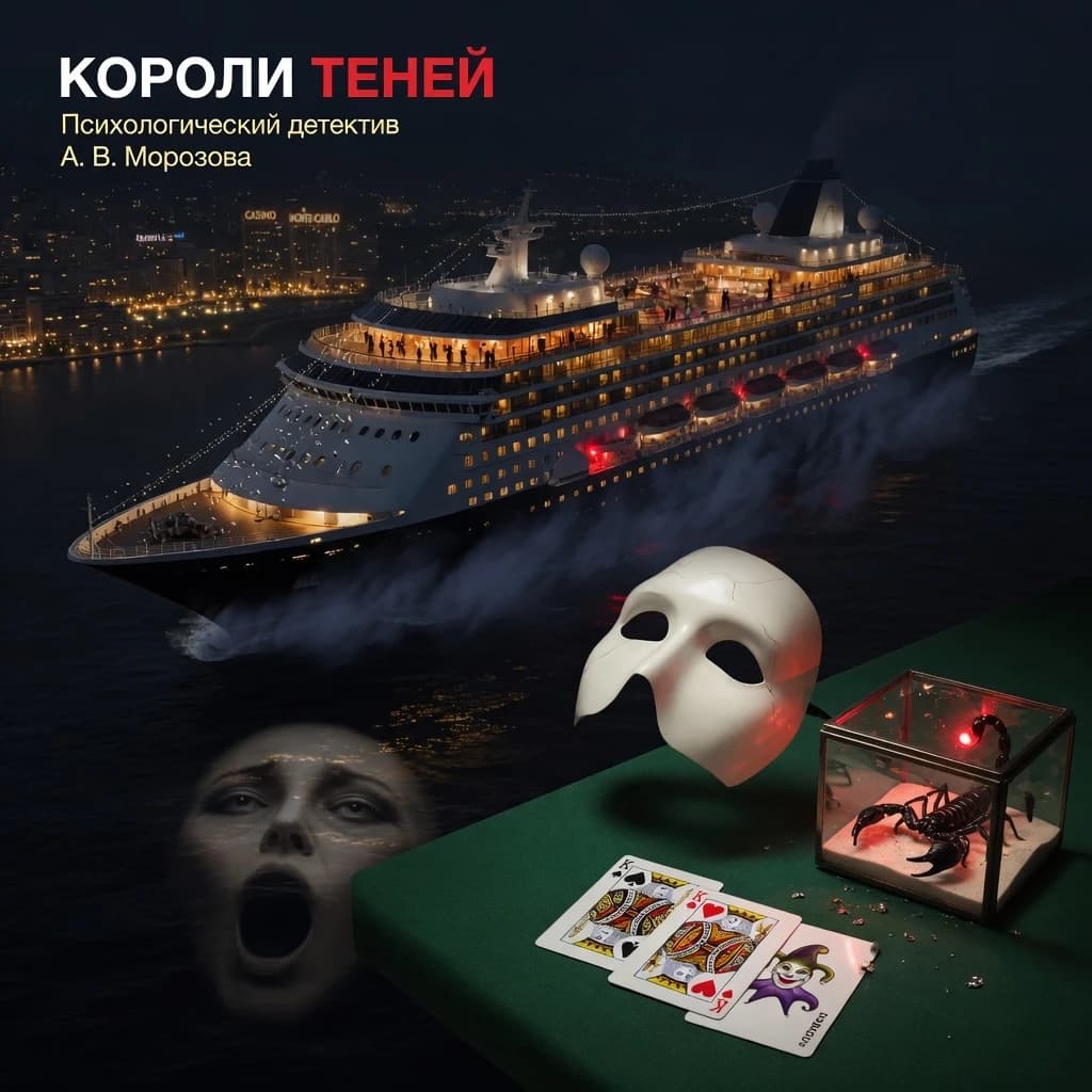 Book cover for a Russian-language psychological detective thriller.  Vertical 2:3 composition. Cinematic digital painting in a high-end noir style. A luxurious Mediterranean cruise liner at night, viewed from a high-angle perspective, drifting through the deep, ink-black waters of a winter sea near the shimmering, distant golden lights of Monte Carlo. The ship is an imposing silhouette of elegance and hidden menace: the upper decks glow with a warm, opulent amber light, while the lower decks dissolve into thick, smoke-like shadows. 

In the sharp foreground, a dramatic still life: a single, pristine white porcelain theatrical half-mask floats weightlessly above a deep emerald green felt poker table. Beside it, the dark, menacing silhouette of a black scorpion is visible inside a glass terrarium. Two playing cards lie on the felt: the King of Spades and the King of Hearts, with a Joker card partially tucked beneath them. The surface of the dark water below reflects a haunting, distorted human face, blending reality with psychological dread. 

Lighting: Dramatic chiaroscuro, with warm gold highlights clashing against midnight navy shadows. Small, piercing crimson emergency lights and glints of silver confetti provide sharp accents. Subtle reflections of fire dance within the glass elements. Mood: Expensive, tense, psychological suspense, winter glamour, and noir mystery. Palette: Midnight navy, emerald green, old gold, ivory white, and controlled crimson. Composition: Uncluttered, leaving clean, atmospheric space