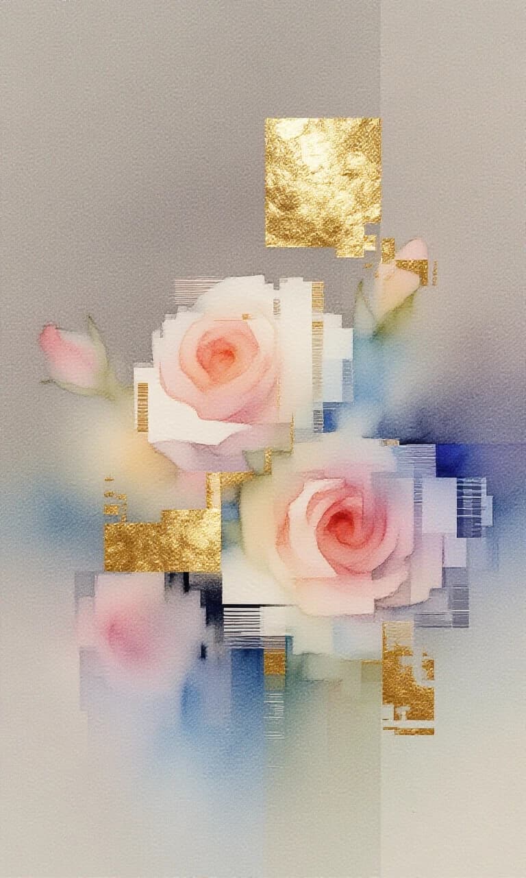 A watercolor work on a neutral gray‑beige background with a gradient. Impressionism. Visible texture of the canvas or textured watercolor paper. Glitch art: digital roses consisting of squares, with digital glitching and distorted visual effects. Pastel, powdery shades. Accents of gold leaf, bright and shiny, highlighting significant elements.