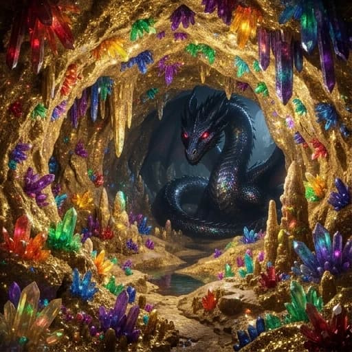 огромная сверкающая золотая пещера, наполненная множеством разных разноцветных люминесцентных  кристаллических сверкающих минералов, всех-всех-всех цветов радуги.
всполохи, блеск, игра света, Люминисценция!

на заднем плане огромный чёрный глянцевый сверкающий дракон с сверкающими рубиновыми змеиными глазами. профессиональное фото, реалистично, высокое разрешение, высокая детализация