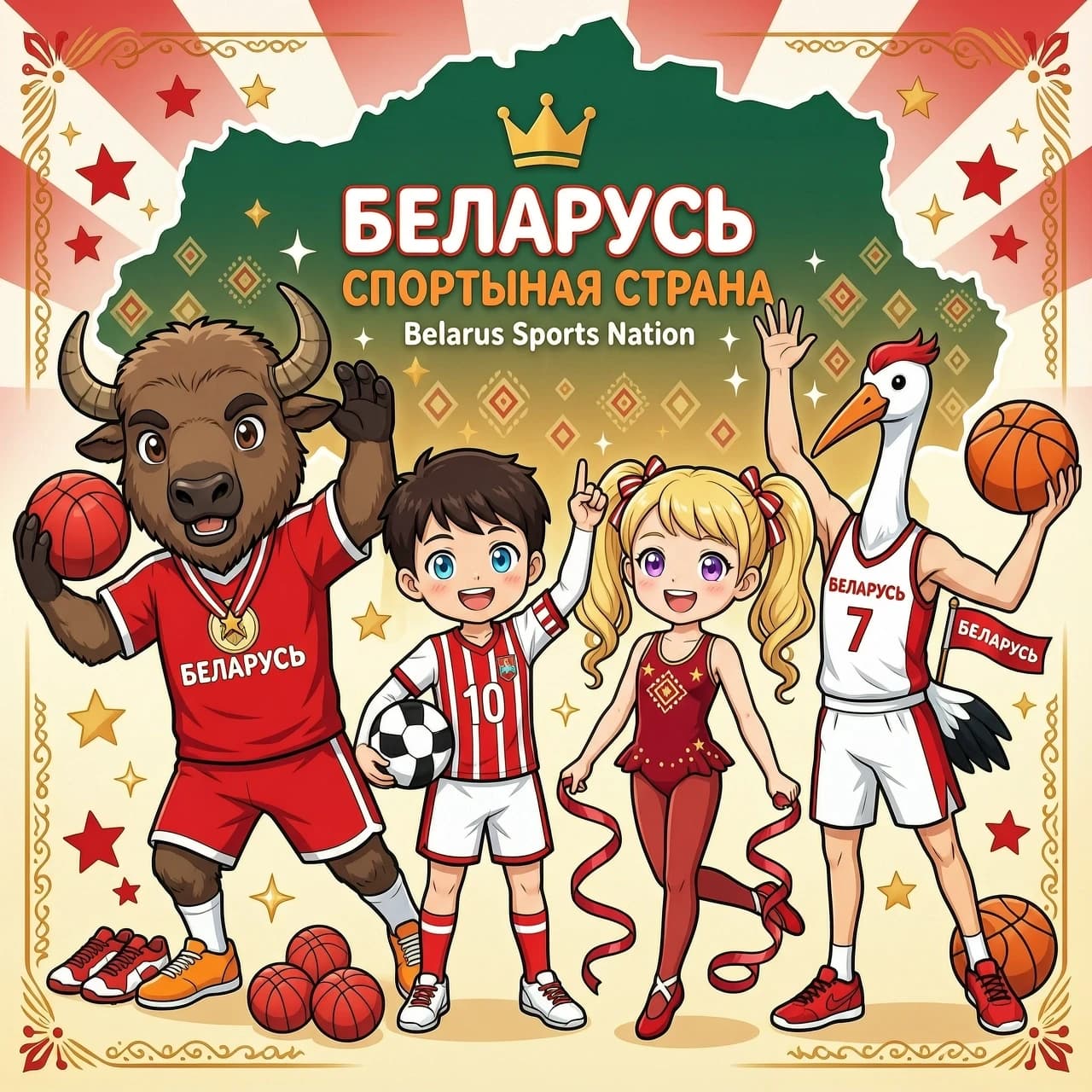 Картинка для детей "Беларусь спортивна". Зубр и аист в спортивной форме со спортивным инвентарем, а с ними мальчик и девочка на фоне контура Беларусии в стиле аниме