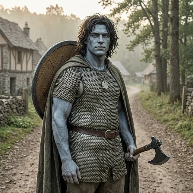 Fantasy character art,  portrait of a young male half-goliath half-human adventurer, about 25 human years old. He has a massive, sturdy, muscular build and broad shoulders, but no exaggerated bodybuilder veins. His skin is smooth stone-grey, with human-like texture, not rocky. His face is naturally good-looking but not studio-perfect: slightly asymmetrical, real, youthful, with a strong jaw and an neutral expression. No deep wrinkles, no heavy scars. His hair is dark, shoulder-length, genuinely messy and unkempt — greasy, windblown, uneven strands, not styled, not Hollywood messy. He has bright, clear blue eyes. He wears practical scale mail armor under a simple, worn traveling cloak; the cloak is slightly open so the scale mail is visible. A round wooden shield with metal reinforcement is strapped to his back only — no shield in his hand. His hands is empty. On his belt hangs a one-handed, single-edged battle axe. Around his neck is a simple stone amulet. He looks like a strong village lad who has just begun adventuring: sturdy but not yet hardened. Background: village edge or forest road at dawn. Natural, soft daylight, realistic fantasy style, detailed textures, no glamour, no cinematic studio lighting. --ar 3:4