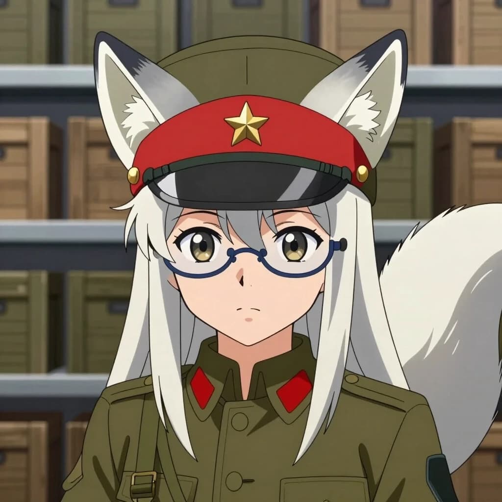 High-quality 2D anime illustration, close-up on a beautiful Kumiho girl with pretty anime eyes and a clear face, absolutely no glasses, no goggles. She is wearing a strict ((khaki olive-green Soviet military peaked hat with a stiff red band, black shiny plastic brim, and a small golden star pin in the front center:1.4)). Her furry white and silver fox ears pierce through the sides of the hat. She has long white hair. Behind her is one single large fluffy white and platinum-grey fox tail. She wears a plain olive-drab uniform jacket with shoulder straps. Background is a matching highly detailed 2D anime-style military supply warehouse with rows of wooden crates, uniform cohesive anime art style.