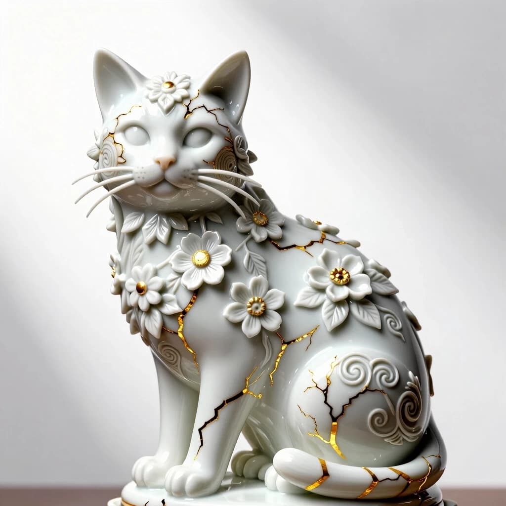 Digital image in Baroque and rocaille style with elements of kintsugi technique. Close-up. (Decorative sculpture made of white porcelain: 1.5). Golden cracks. Volume. The Persian cat. Glossy, porcelain, shiny. The cat's head and body are decorated with gorgeous embossed flowers. (Perfect white porcelain (1.5 ). Exquisite carvings that convey the fur, whiskers and tail of a seated cat. The edges of the leaves and the patterns are decorated with intricate carvings. Thin twigs, delicate flowers and leaves. Lots of fine gold veins. Intricate weaves, swirls, almost psychedelic ornaments. An amazing, mesmerizing sight: the glow. Luminescence. The background is white, with shadows and spectacular lighting. Style: rococo, surrealism, fairy tale, fantasy. Dynamic and expressive. Subtle patterns. Stylization, intricate decorative molding, surrealism, modernism. In the manner of Andrew Jones, Lorenzo Bernini. High quality.