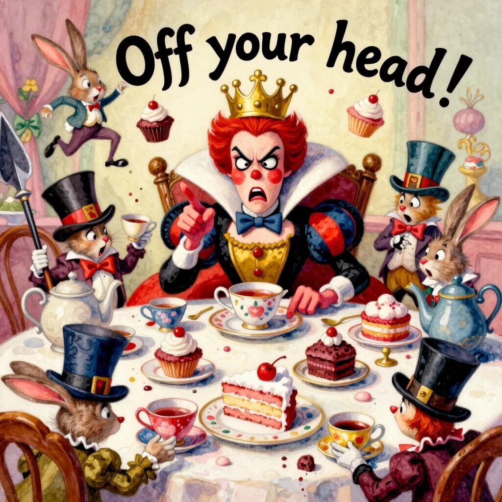 (masterpiece:1.8, acrylic painting:1.5, best quality:1.6, ultra-detailed:1.6). A bizarre and funny image (of the Queen of Hearts), who, sitting at a crazy tea table, angrily exclaims: "Off your head!' (Off with their heads!). The reason for her anger may have been a bad croquet game or too much sugar in her tea. (She's sitting at the head of a table strewn with ridiculous teapots and mountains of cakes, her crown slightly askew.) The Queen's face is red with annoyance, with puffed cheeks and wide-open eyes that look more offended than truly angry. (She points her finger with such effort that she looks like she's about to knock over her tea).
(Around her are the Hatter and the March Hare, who comically jump up and down in "fright," but at the same time try to hold on to their cups and cupcakes. Sonya may have poked her head out of the kettle, clearly annoyed by the noise. The card guards nearby may be awkwardly retreating, tripping over table legs or dropping their halberds). The tea table is a mess of flying cupcakes, spilled tea, and tumbling teacups.
The lighting is light and airy, creating a light, almost pastel mood. The overall atmosphere is a light, funny mess, where the Queen's anger is more of a familiar but theatrical act. Detailed watercolor or pastel illustration, playful composition, soft but saturated colors, light strokes, digital painting. Inspired by Quentin Blake's dynamic illustrations and Mary Blair's vibrant style.