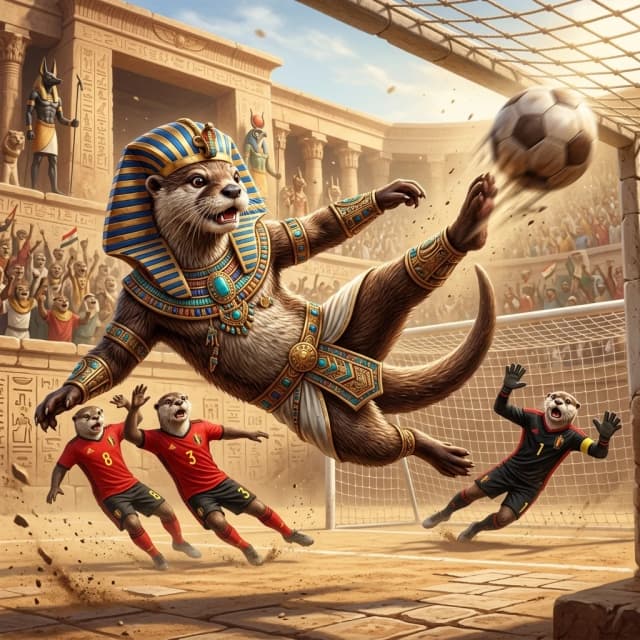Cinematic action shot, high-detail digital painting: An Egyptian otter wearing an ornate, golden Pharaoh's costume with a majestic Nemes headdress and turquoise jewelry, performing a powerful dynamic kick to score a decisive goal. The otter is mid-air, muscles tensed, with a look of intense focus. In the background, a group of Belgian otters in classic red and black football kits are scrambling in a desperate, unsuccessful attempt to defend the goal. The scene is set in a grand, sun-drenched stadium built with ancient sandstone architecture and hieroglyphics. Intense sports atmosphere, motion blur on the ball to convey speed, epic composition with a low-angle perspective, hyper-realistic fur textures, vibrant colors, masterpiece quality.