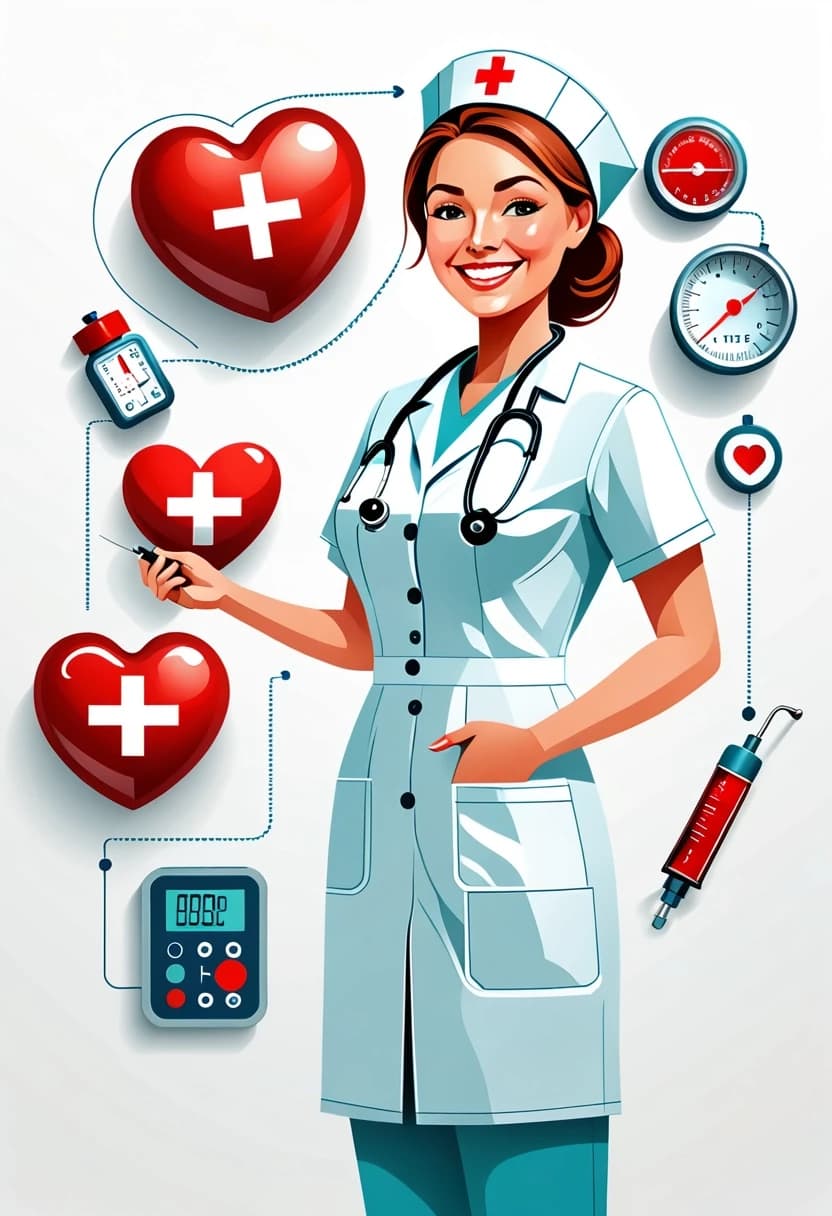 Professional vector graphics on a pristine white background. Nurse smiling, pressure measurement, heart health.