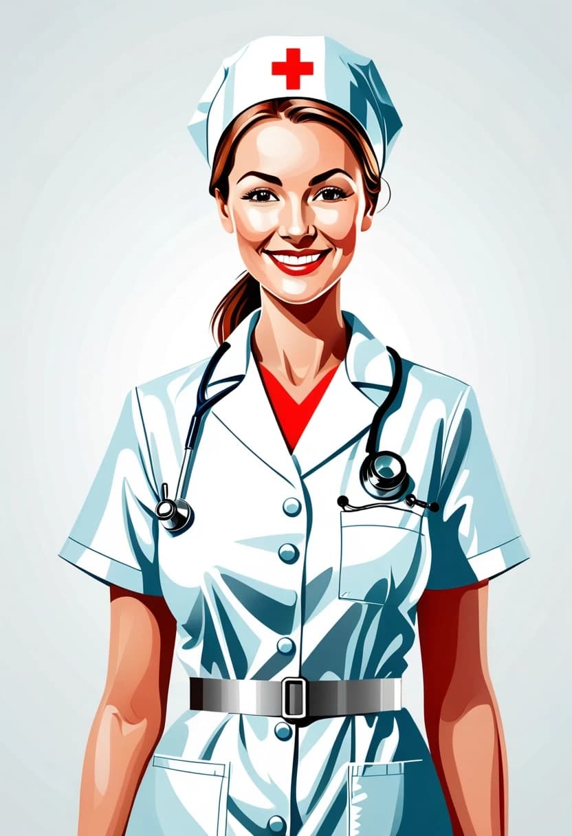 Professional vector graphics on a pristine white background. Nurse smiling, pressure measurement, heart health.