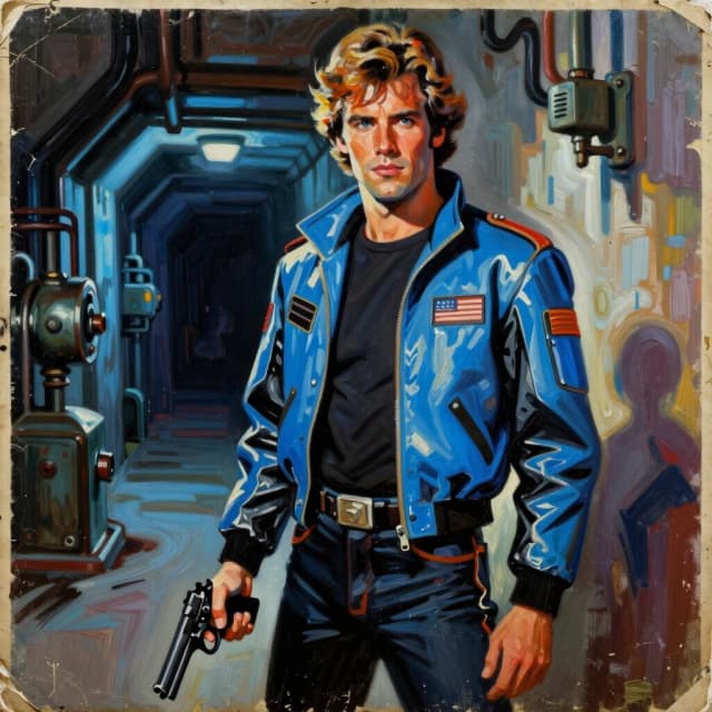 A 1980s-style masterpiece, featuring bold lines, dynamic brushstrokes, and rich textures, against a nostalgic background, perhaps with subtle patterns inspired by pulp and vintage, worn textures reminiscent of paper, an oil painting. Hyperrealistic, Joe Wick's artwork features a beautiful look, bright clothing, and a tech-daring jacket with vibrant blue and black accents. He holds a pistol in his right hand, standing against the backdrop of a gloomy underground passage. The background is filled with strange shadows and machinery. The lighting is evening, and the eerie blue glow from the technical components. His facial expression is confident and expectant. The composition evokes a film.
The aesthetic is inspired by cinema.