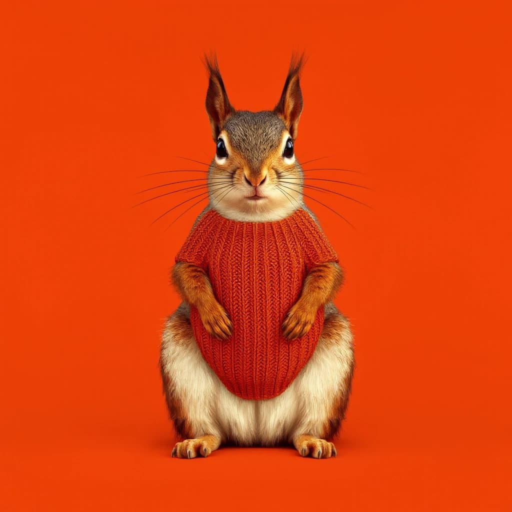 Draw a symmetrical frontal frame in the style of Wes Anderson for the A6 format. In the center is a full—length squirrel, it sits on its hind legs, and on its chest is a terracotta—colored knitted shirt front with a simple pattern. The background is matte terracotta, uniform. Palette: terracotta, red, beige, cream. The lighting is warm, like sunset, and the shadows are soft. High detail: fluffy tail, knitting loops, precise proportions of the squirrel. No labels. 8K, cinematic frame.