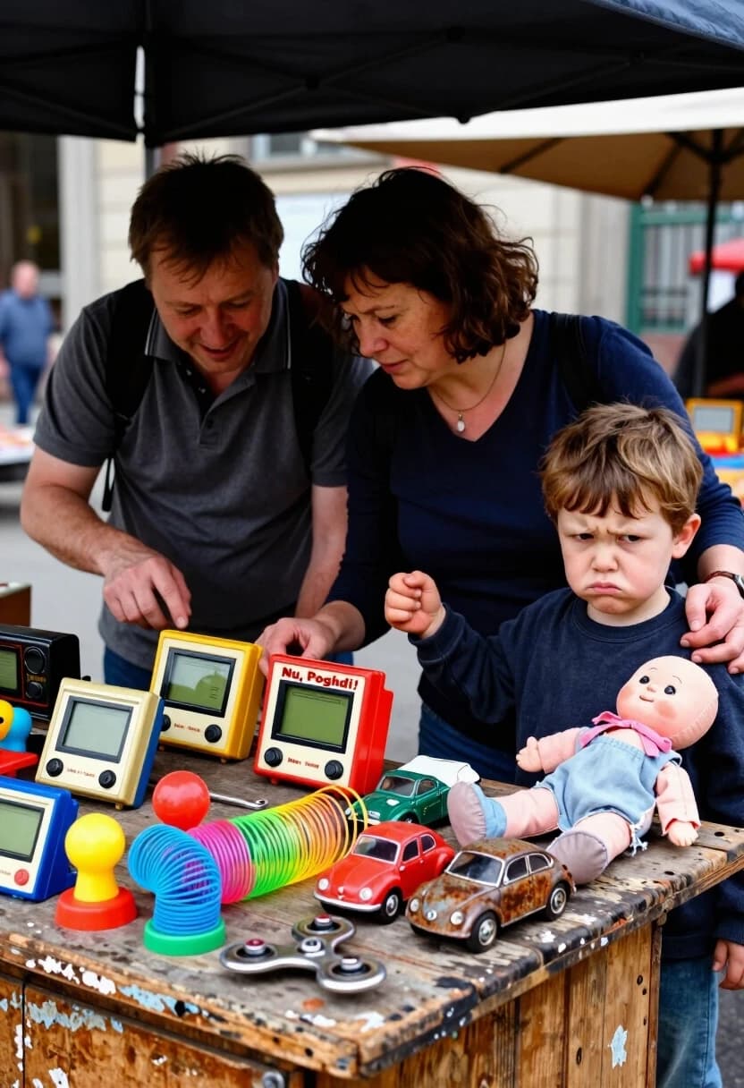 Prompt: A realistic street-photo style shot, 50mm lens, f/2.8, daylight. A weathered wooden flea market stall is overflowing with vintage toys: a Game & Watch, "Nu, Pogodi!" electronic game, colorful Slinky springs, old-school yo-yos, and first-generation metal spinners, all mixed with rusty tin cars and frayed cloth dolls. The scene is a humorous contrast of generations: a father and mother are leaning over the counter, completely absorbed and enthusiastically playing with the old gadgets, their faces lit with nostalgic joy, oblivious to everything else. Beside them, their small child is the picture of utter boredom; the child is leaning away, with a grumpy, impatient expression and a heavy sigh, firmly pulling the mother's hand, trying to drag the parents away from the stall. The child's gaze is directed forward, longing to move on. Sunlight cuts through the awning, highlighting the peeling paint of the toys and the textures of the worn wood. High attention to tactile details: oxidized metal, worn plastic, and the tension in the child's arm. Authentic, candid atmosphere, a satirical take on the generational gap.