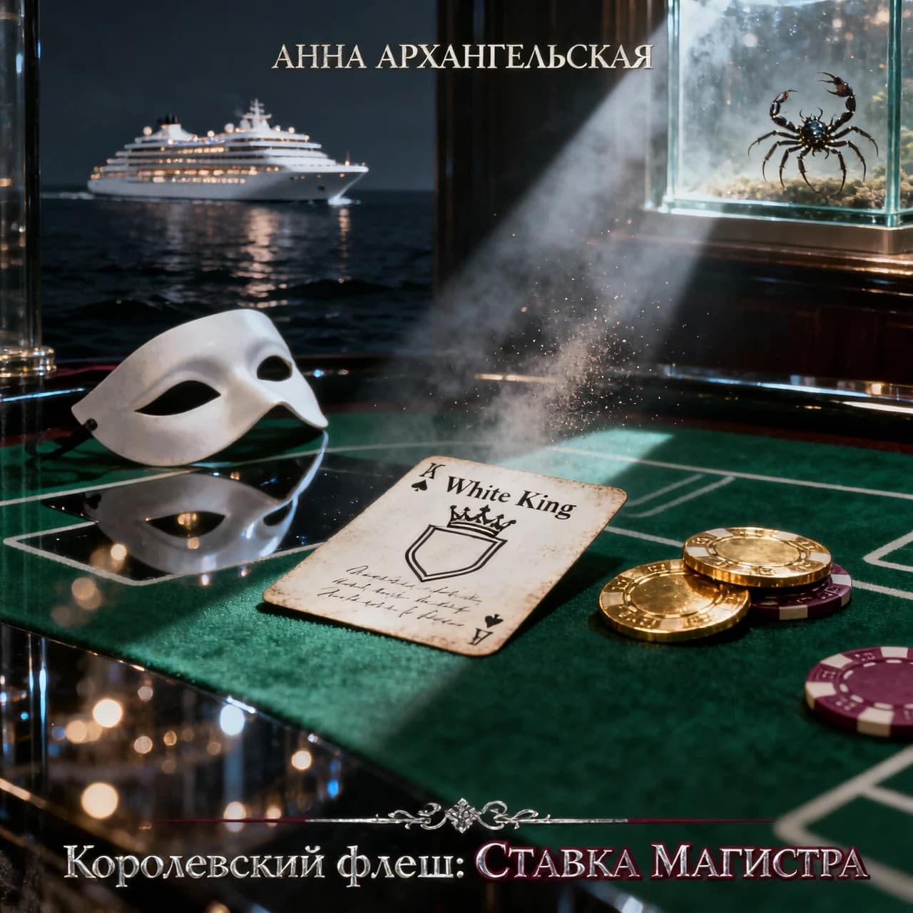 Premium A5 book cover for a detective thriller, vertical orientation. Cinematic realism, hyper-detailed photorealism. 

Composition: A macro close-up shot of a professional poker table covered in deep emerald-green felt. In the center, a single, slightly worn playing card—a "White King" without a suit, featuring a minimalist crown contour and an empty shield. The card is textured, with faint, handwritten script visible through the paper as light bleeds through it. Beside the card lie two or three high-end casino chips and a sharp, thin crack of light cutting through the darkness, like a focused spotlight. 

In the polished, dark reflection of the table's surface, there is a ghostly, sophisticated white masquerade mask and the blurred, bokeh lights of Monte Carlo. In the upper corner, subtly out of focus behind frosted glass, a small, elegant terrarium reveals the faint, non-grotesque silhouette of a scorpion. In the far distance, visible through a window, a magnificent, glowing modern cruise liner glides on the dark sea.

Atmosphere: Cold luxury, intellectual tension, and an impending sense of threat. A light haze hangs in the air with microscopic dust particles dancing in a single dramatic light beam.

Color Palette: Deep obsidian black, rich emerald green, polished gold, subtle blood-burgundy accents, and sharp silver highlights.

Typography (Russian language only):
Top: "АННА АРХАНГЕЛЬСКАЯ"
Королевский флеш:
СТАВКА МАГИСТРА