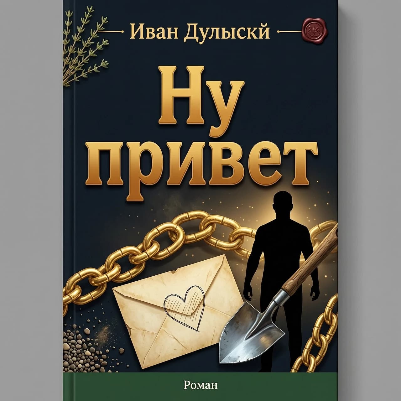 Обложка книги. В верху написано: Иван Дульский, по центру написано большими буквами: Ну привет 
Изображено на книге, цепь золотая, лопата, темный силуэт, письмо на коротом нарисовано сердце