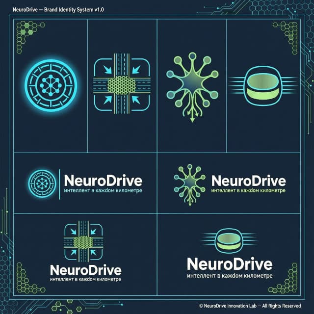 NeuroDrive — интеллект в каждом километре. Центр инновационного транспорта: беспилотные автомобили и умное управление дорожным движением.
Цвета:
— Основной: #0A192F (тёмно-синий)
— Акцент 1: #00E5FF (неоново-голубой)
— Акцент 2: #AEEA00 (кислотно-зелёный)
— Нейтральный: #FFFFFF (белый)
Шрифты:
— Логотип: Montserrat Bold
— Слоган: Roboto Regular
Задача: Создать 8 вариантов логотипа:
— 4 БЕЗ слогана.
— 4 СО слоганом.
Стиль: современный, технологичный, минималистичный. Использовать символы движения, нейросетей, трафика, стрелок, потоков, сенсоров, беспилотного автомобиля. Отразить скорость, точность и безопасность. Логотип должен быть чистым, легко масштабироваться и хорошо смотреться на тёмном и светлом фоне.