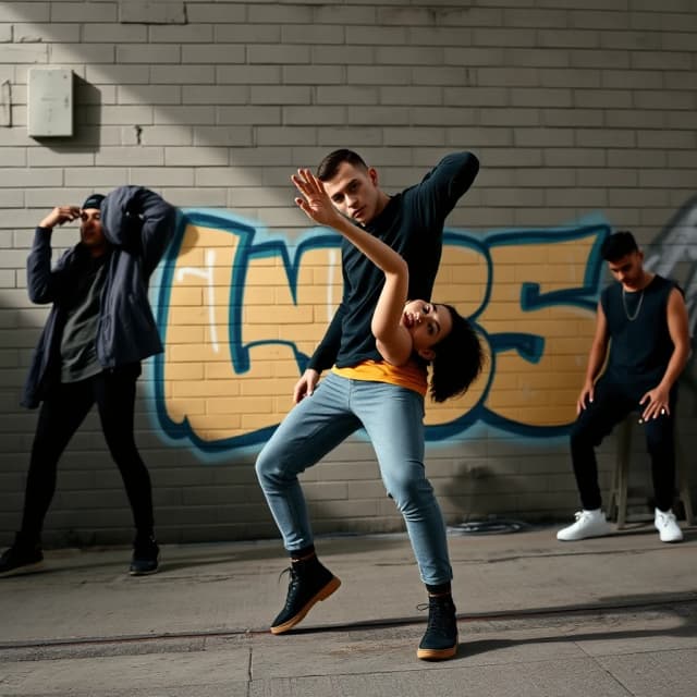 street photography photoshoot area for hip-hop dancers, minimalist style. Color scheme: muted, desaturated colors with a combination of dusty blue and mustard yellow as accent colors. Background: textured gray brick wall with subtle graffiti in blue and yellow. Moody, cinematic lighting with long shadows. No bright or vibrant colors, overall atmosphere is subdued and cool.