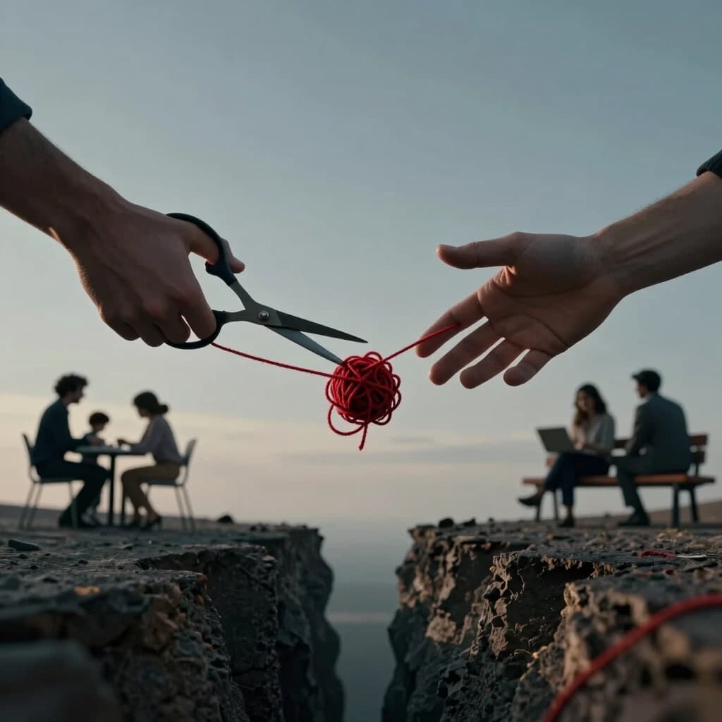 Cinematic photorealistic close-up of two hands reaching towards each other across a deep, dark chasm. Between the hands, a tangled, chaotic ball of red threads is suspended in mid-air, symbolizing conflict and misunderstanding. One hand is holding a pair of sharp silver scissors, ready to cut the knot, but the fingers are hesitating. The other hand is gently reaching out, open-palmed, offering to untangle the knot patiently. In the blurred background, soft silhouettes of people are visible: a family at a table, colleagues in an office, friends on a bench — representing the different areas of life where conflicts occur. The upper part of the image is a vast, empty, soft grey-blue sky with gentle light, providing perfect negative space for adding event text. Philosophical, emotional, dramatic chiaroscuro lighting, contrast between aggression and patience, warm and cool tones, shallow depth of field, 8k, 4:5 aspect ratio.