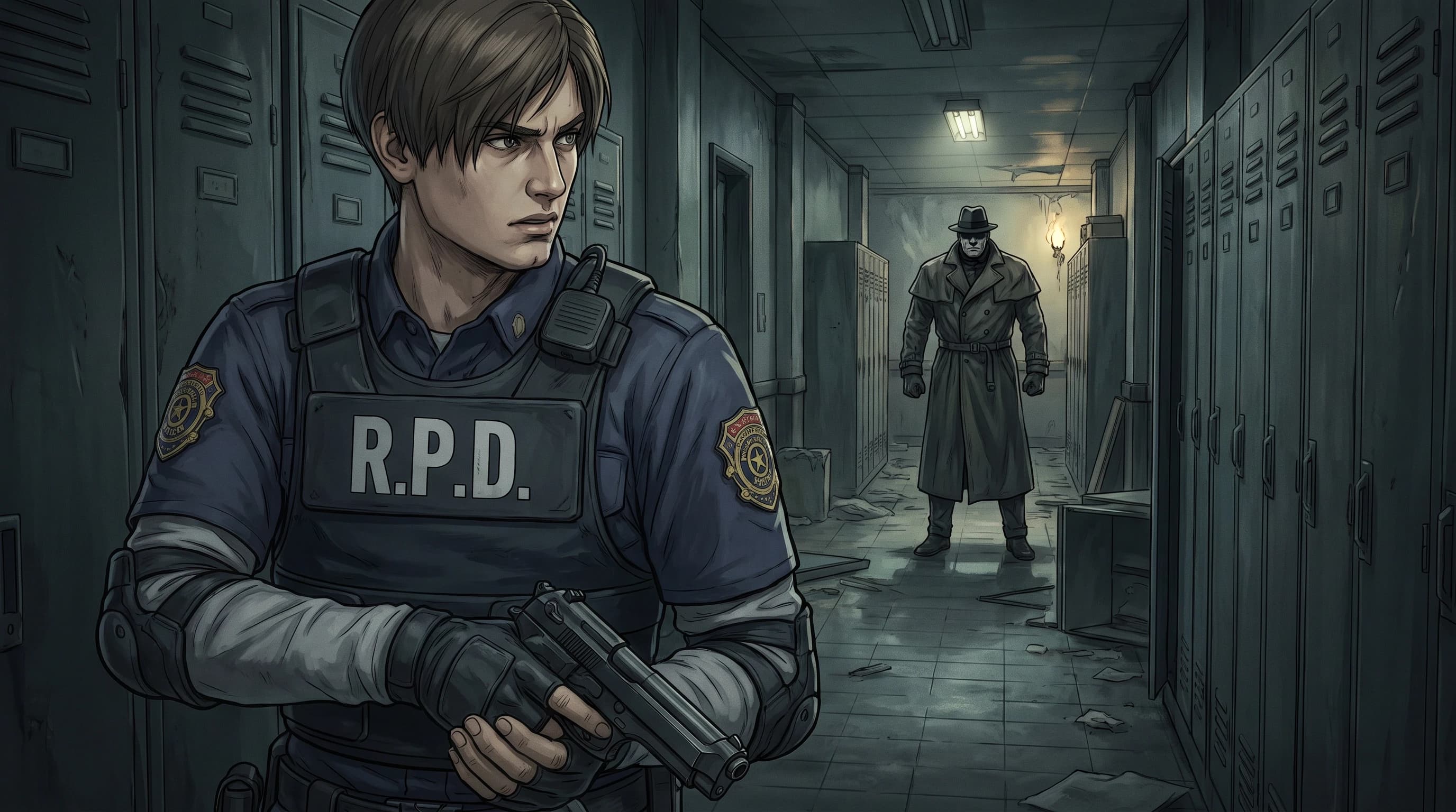 Resident Evil (Франшиза), Леон Кеннеди в полицейской форме, держит пистолет, подозрительный взгляд, на фоне коридора полицейского участка и Мистера Икс, стиль аниме с реалистичными деталями