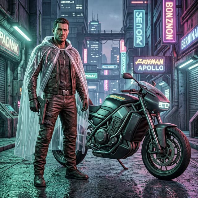 Картинка в стиле Cyberpunk 2077:
Кочевник в кожаном жилете и штанах, поверх медицинский плащ из винила, на бедре под плащом в кобуре легкий пистолет-пулемет, рядом стоит мотоцикл Brennan Apollo