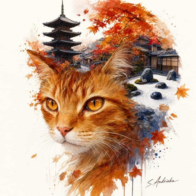 A masterpiece. The painting is done in watercolors. (Double exposure:1.8). (Portrait of a fabulously beautiful cat:1.8). In the background, there are views of Japan at that time: a pagoda, a garden of stones. The whole painting is united by an old autumn city landscape. High quality. High resolution. Increased attention to small details, clear contours. Intense close-up. Bold strokes, drips, spots. Watercolor style. Artist: Levitan, Sergey Andriaka.