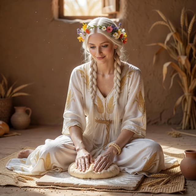 Ninlil is not a warrior, not a queen of Cura, not a goddess of war. She is quiet, bright, airy. She is like a light wind before the rain, like ears of corn that bow under this wind. She is a mother, but not a formidable one, but tender.

Scene - sitting, kneading bread dough, Sumerians

Appearance Details
Body Part	Description
Height	Average - about 165 cm. Not tall, not short.
Physique	Delicate, slender, but not thin. Like the stem of a grain plant.
Face	Soft, oval, calm. A slight smile always on her lips. Eyes - light blue, like the sky on a cloudless day.
Hair	Long, light, almost white - like grain, like ears of wheat. Braided into two braids that hang on her chest.
Scales	Present, but almost unnoticeable. Only on the collarbones and the outer side of the wrists - small, pearlescent, like dewdrops. She does not hide it, but does not flaunt it either.
Clothing	A long white dress, embroidered with gold threads in the form of ears of corn. At the waist - a belt of linen threads. On her head - a wreath of wildflowers. No jewelry - only a bracelet on her left arm, a gift from Enlil.
Scent	Smells of fresh bread, honey, and a little bit of wind.
Voice	Quiet, clear. She does not speak loudly - but she is always heard. Like the whisper of the wind in the field.

Behavioral Features
She does not burst into halls - she enters.

She does not shout - she speaks.

She does not command - she asks.

But when she asks - she is listened to. Even Enlil.

She is a quiet strength. She is not feared, but she is respected.