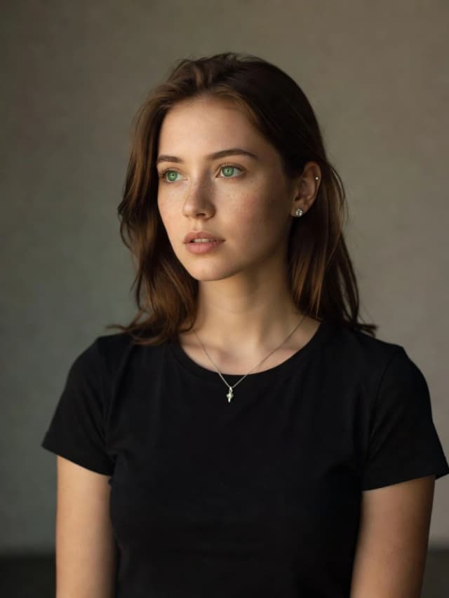 1girl, solo, jewelry, freckles, necklace, shirt, black shirt, realistic, earrings, green eyes, upper body, parted lips, short sleeves, brown hair, lips, medium hair, t-shirt, looking to the side