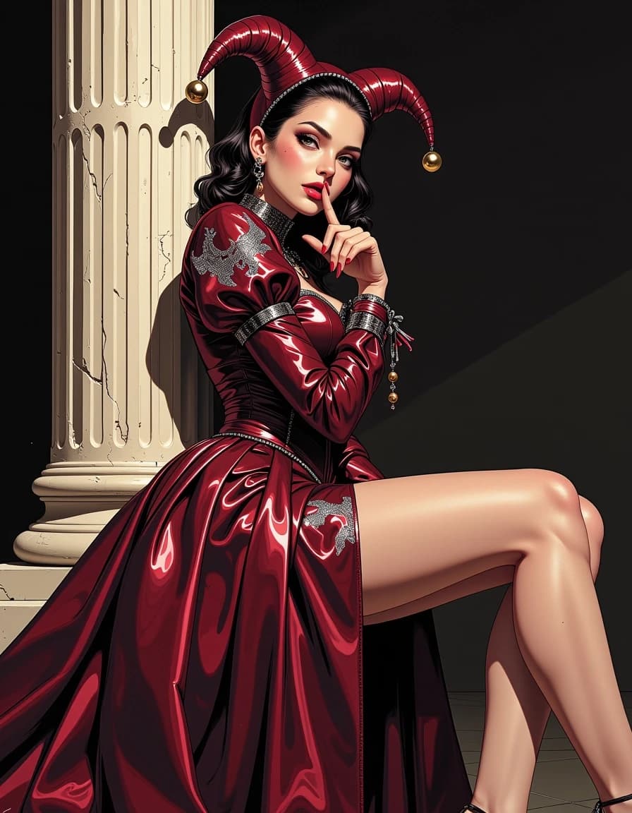 A masterpiece,  in the style of the 1980s, with bold lines, dynamic strokes and rich textures, on background with a touch of nostalgia, perhaps with subtle drawings inspired by cellulose and vintage, worn textures similar to paper, oil painting, Photorealistic airbrush style, fashion illustration for Vogue magazine, modern elegant evening gown in deep burgundy with intricate silver embroidery, puffed sleeves, corset bodice, flowing full-length skirt, jester-inspired headpiece with bells, playful carnival theme, model posed from thigh up, finger raised to lips in a "shh" gesture, leaning against a classical stone column, dark moody background with soft lighting, highly detailed textures, luxurious fabrics, stylish and sophisticated composition