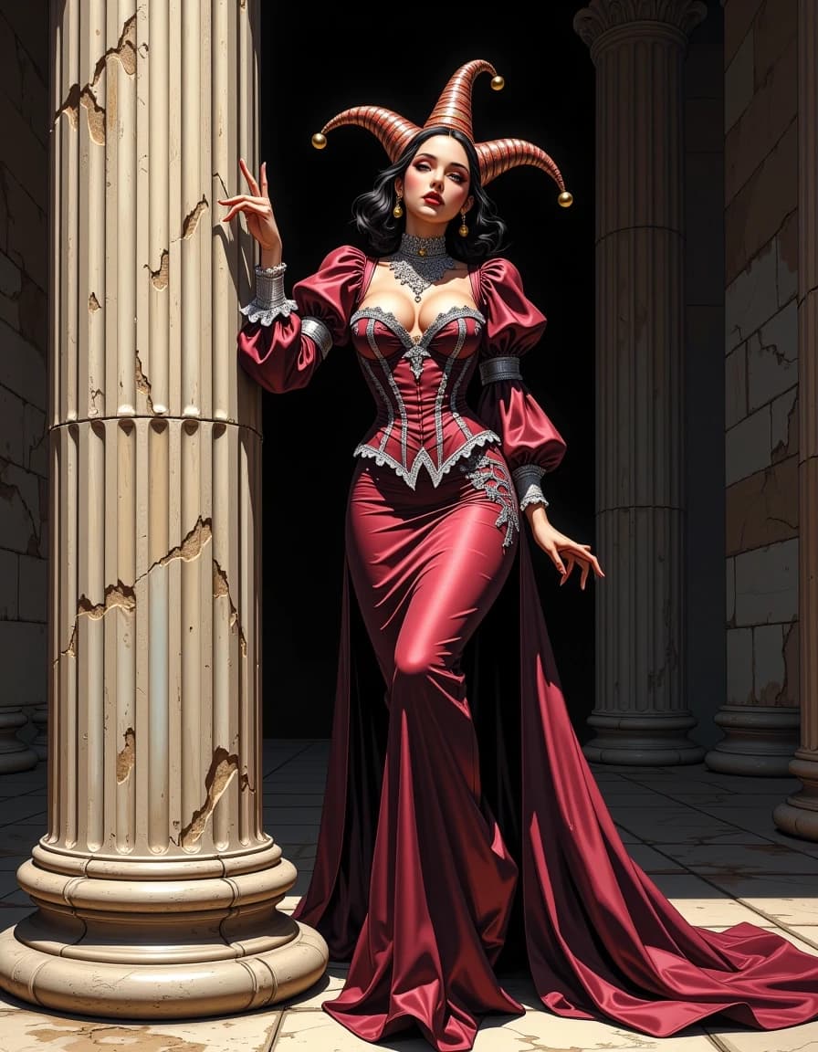 A masterpiece,  in the style of the 1980s, with bold lines, dynamic strokes and rich textures, on background with a touch of nostalgia, perhaps with subtle drawings inspired by cellulose and vintage, worn textures similar to paper, oil painting, Photorealistic airbrush style, fashion illustration for Vogue magazine, modern elegant evening gown in deep burgundy with intricate silver embroidery, puffed sleeves, corset bodice, flowing full-length skirt, jester-inspired headpiece with bells, playful carnival theme, model posed from thigh up, finger raised to lips in a "shh" gesture, leaning against a classical stone column, dark moody background with soft lighting, highly detailed textures, luxurious fabrics, stylish and sophisticated composition