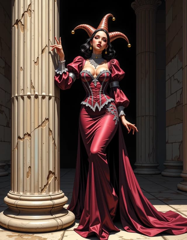 A masterpiece,  in the style of the 1980s, with bold lines, dynamic strokes and rich textures, on background with a touch of nostalgia, perhaps with subtle drawings inspired by cellulose and vintage, worn textures similar to paper, oil painting, Photorealistic airbrush style, fashion illustration for Vogue magazine, modern elegant evening gown in deep burgundy with intricate silver embroidery, puffed sleeves, corset bodice, flowing full-length skirt, jester-inspired headpiece with bells, playful carnival theme, model posed from thigh up, finger raised to lips in a "shh" gesture, leaning against a classical stone column, dark moody background with soft lighting, highly detailed textures, luxurious fabrics, stylish and sophisticated composition