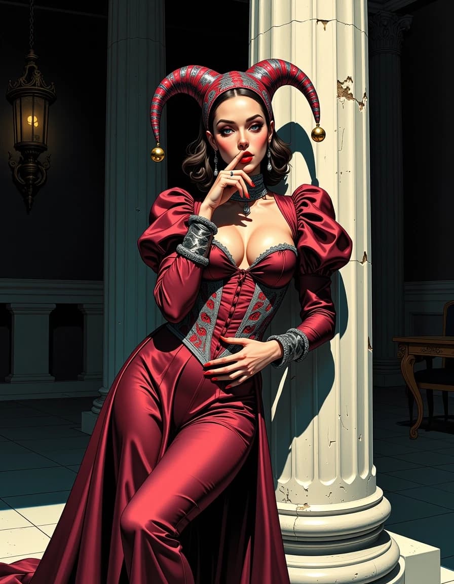 A masterpiece,  in the style of the 1980s, with bold lines, dynamic strokes and rich textures, on background with a touch of nostalgia, perhaps with subtle drawings inspired by cellulose and vintage, worn textures similar to paper, oil painting, Photorealistic airbrush style, fashion illustration for Vogue magazine, modern elegant evening gown in deep burgundy with intricate silver embroidery, puffed sleeves, corset bodice, flowing full-length skirt, jester-inspired headpiece with bells, playful carnival theme, model posed from thigh up, finger raised to lips in a "shh" gesture, leaning against a classical stone column, dark moody background with soft lighting, highly detailed textures, luxurious fabrics, stylish and sophisticated composition