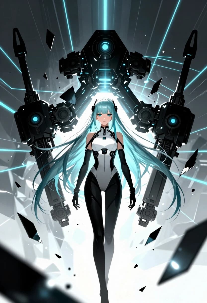 (lacia beatless:1.4), beatless, 1girl, solo, android, long straight hair, loose hair, hair down, long hair flowing, (ice blue hair, light silver-blue hair:1.2), blunt bangs, black hair ornaments on sides of head, (dark blue eyes, indigo eyes:1.2), expressionless, wearing futuristic white and black hIE bodysuit, surrounded by floating huge black mechanical weapon parts Black Monolith, shattered glass shards flying in air, glowing blue cyber lines, laser grids, abstract futuristic background, dynamic debris, cinematic sharp contrast, lens flare, masterpiece, high quality anime, digital art, illustration by redjuice, smartphone wallpaper
