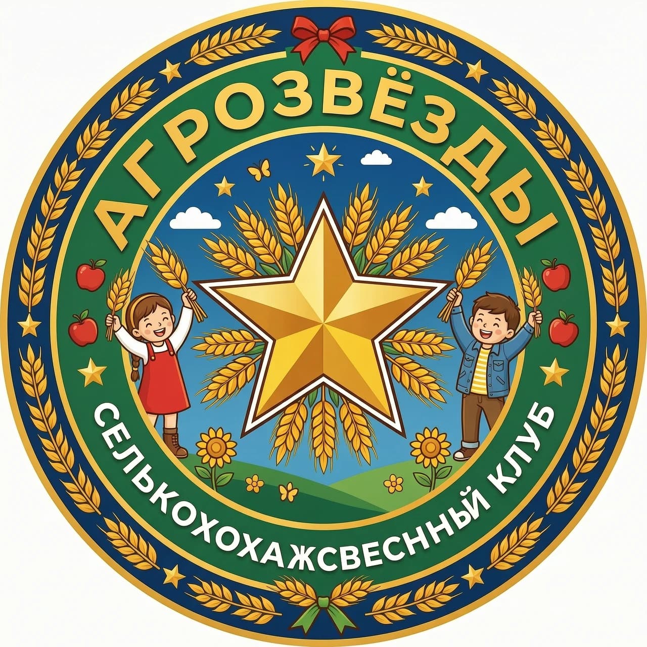 Эмблема с названием АГРОЗВЁЗДЫ. На эмблеме должна быть звезда, колосья ( Или звезда из колосьев), что- то сельскохозяйственное и могут быть дети. Эмблема должна быть яркая. с углов всё убрать в круг и сделать яркую.  В словах не должно быть ошибок, должно быть только одно слово АГРОЗВЁЗДЫ. Буквы должны быть русскими.