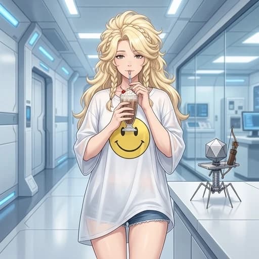 Character: mature_woman_face, motherly_vibe, gentle_expression, bored_expression, calm_demeanor, very_long_fluffy_bright_blonde_hair, elaborate_hairstyle, oversized_white_t-shirt, t-shirt_to_knees, see-through_clothing, yellow_smiley_face_print_on_shirt, very_short_denim_shorts, bare_shoulders_and_legs, flat_chest, boyish_figure, drinking_milkshake, sipping_through_straw; soft_features, maternal_look, kind_eyes, semi-transparent_fabric, Looking at the camera, baggy floor-length T-shirt. Mature woman face. anime style
Bacteriophage Robot: tiny_robot, bacteriophage_shape, mechanical_organism, palm-sized, carrying_platform, sports_archery_bow_on_platform, quiver_of_arrows_on_platform, robot_standing_nearby
Background: laboratory_hallway, clean_sci-fi_interior, pleasant_lab_vibe, bright_lighting, clinical_aesthetics, futuristic_facility, high_quality, masterpiece